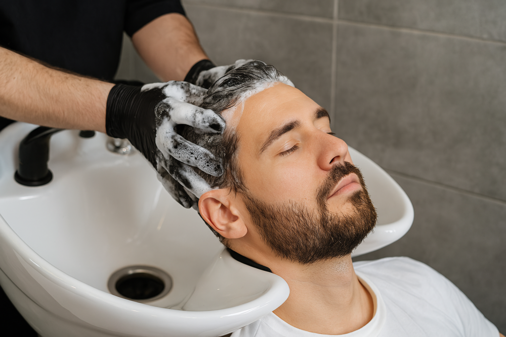 Homem lavando o cabelo em uma Barbearia, representando os cuidados masculinos com a aparência.
